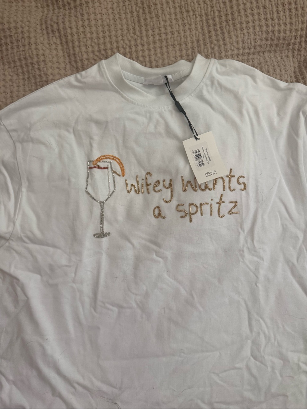 White Short-Sleeve Tee with 'Wifey Wants a Spritz' Embroidery